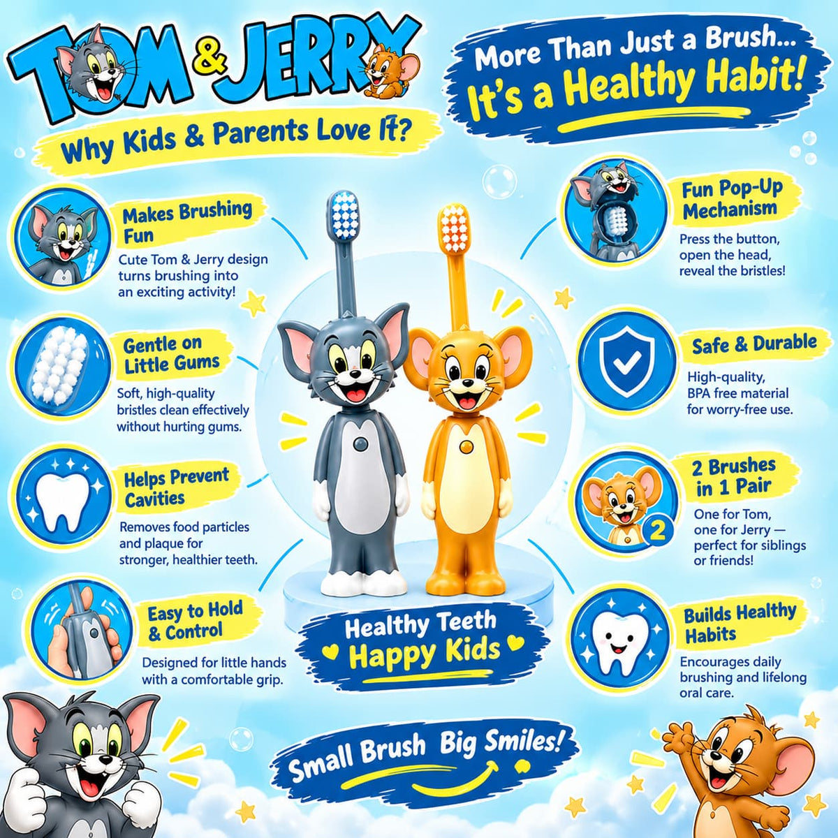 Tom & Jerry Toothbrush Set β 2-Piece Pair (Tom + Jerry) - Pop-Up Character & Soft Bristles