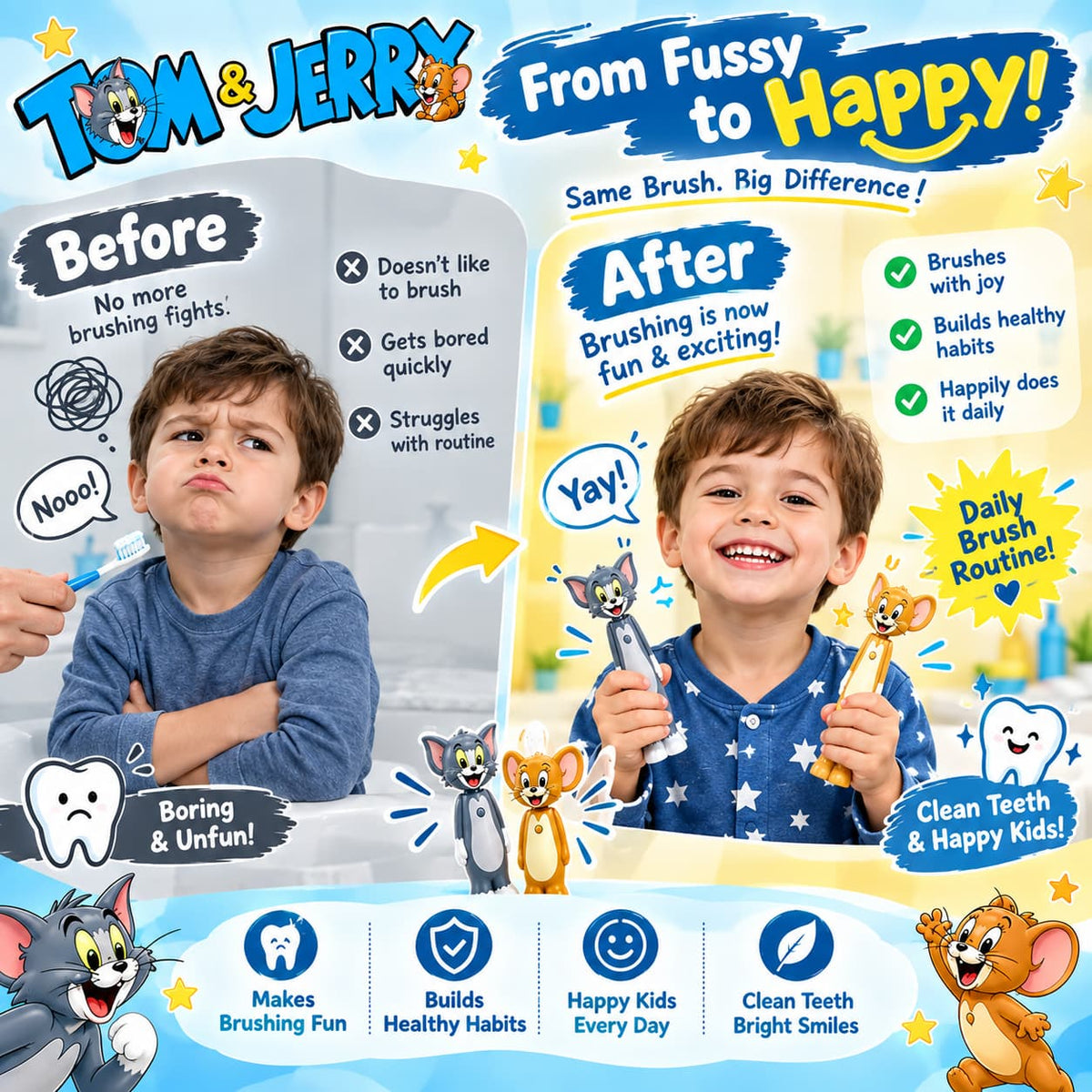 Tom & Jerry Toothbrush Set – 2-Piece Pair (Tom + Jerry) - Pop-Up Character & Soft Bristles