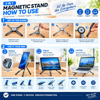 3-in-1 Magnetic Multipurpose Stand For Laptop, Tablet & Mobile - Foldable, Multi-Angle & Adjustable